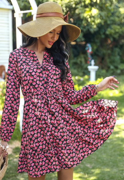 HSLYQLY154 PINK RED FLOWERS DRESS BLACK AND ROSE PATTERN